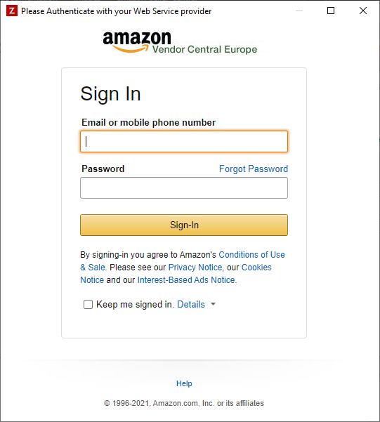 Amazon Vendor Central Login Screen