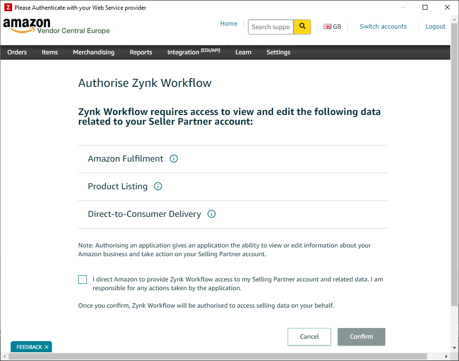 Amazon Vendor Central Authorisation Screen