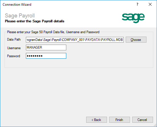 Enter the Sage 50 Payroll credentials (username and password) you would like to use to connect to Sage 50 Payroll along with the path to the Sage 50 Payroll data you would like to connect to.
